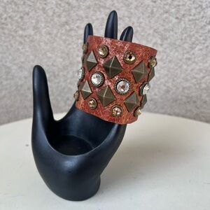 Vintage Rustic cuff bracelet brown leather rhinestone metal by Streets Ahead S/M